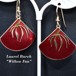 Laurel Burch "Willow Fan" Earrings, Gold Plated, Cloisonne Red Enamel, 1980s